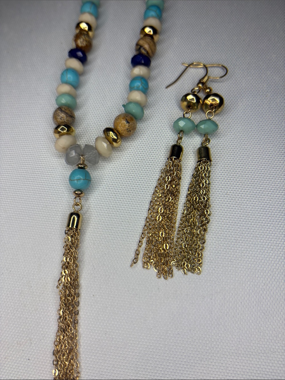 Picture Jasper turquoise Fauceted beaded long Goldtone tassel necklace earring